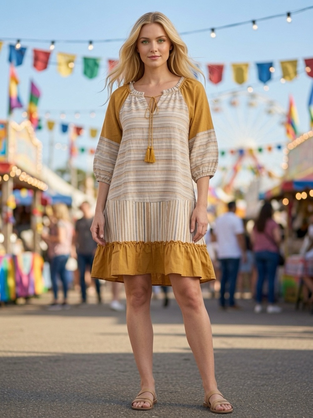 Easel Mustard and Cream Striped Tassel Babydoll Dress Size L/XL/1X Oversized NWT